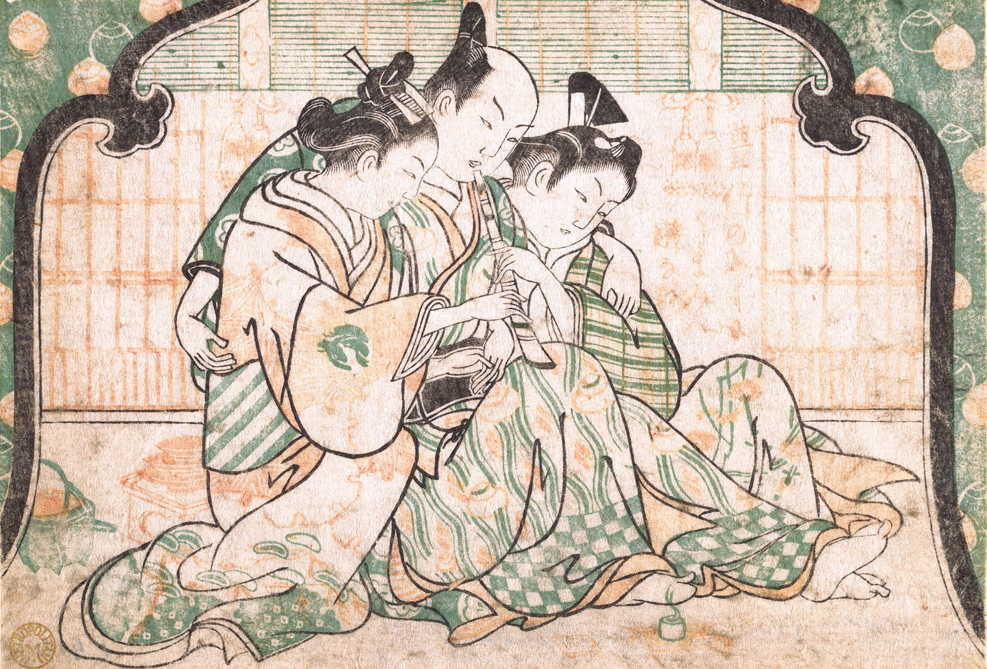 Окумура Масанобу. "Молодой человек, сидящий между двумя женщинами". Около 1749.